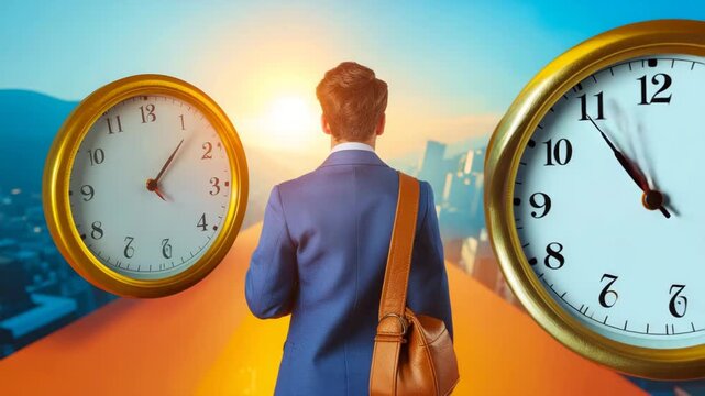 Businessman gazing at clocks in a surreal cityscape as time passes, reflecting on deadlines and opportunities in a fast-paced world of work and success