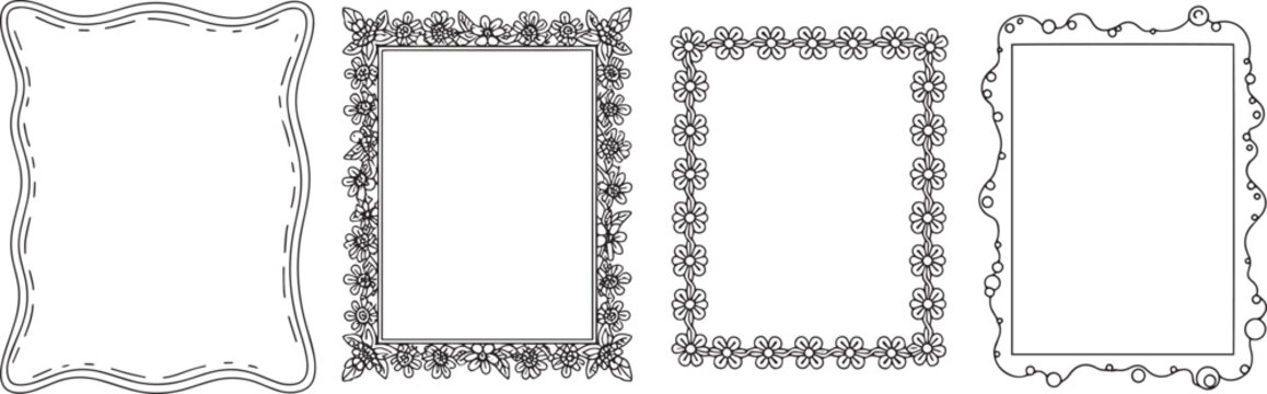 Decorative hand drawn flower and wave frame borders for stationery
