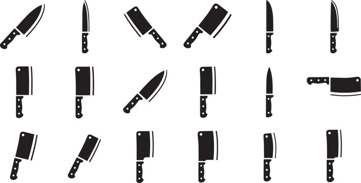 Chef kitchen knives and butcher meat cleavers silhouette collection