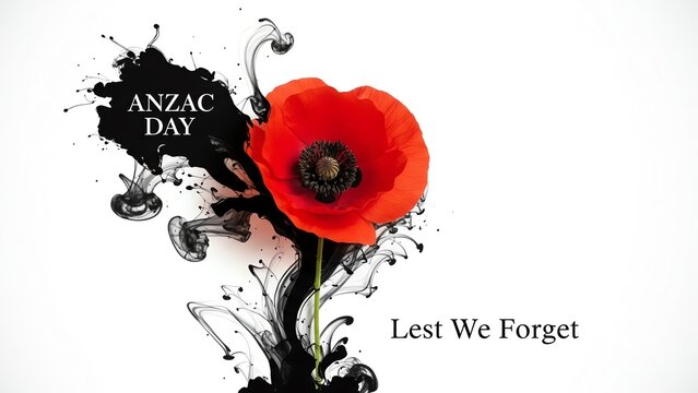 Red poppy flower with ink splash and Anzac Day text
