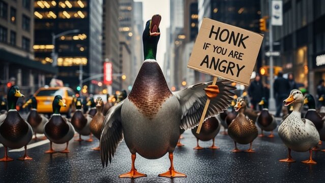 Angry duck holding protest sign that says "honk if you are angry surrounded by other duck in city street