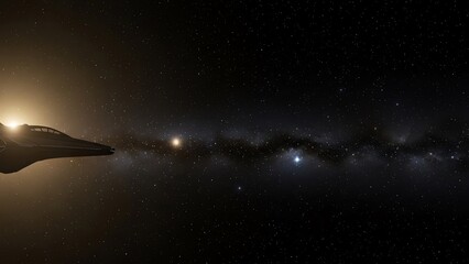 Spaceship flying through starry galaxy