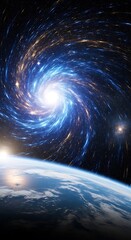 Brilliant celestial vortex dominates the upper atmosphere above the curving horizon of the world