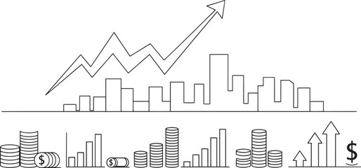 Naklejka premium Financial growth chart with city skyline, coins, and bars