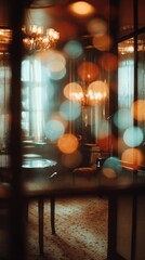 Elegant Interior with Warm Lighting and Vintage Atmosphere Through Glass