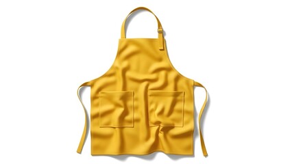 A bright yellow apron with two pockets and adjustable straps on a white background