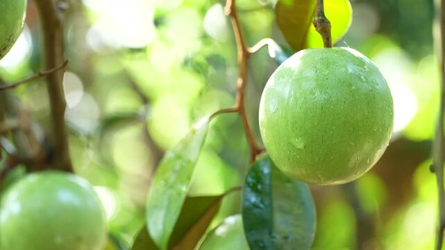 Close-up of a fresh star apple with sparkling water droplets on a branch in a Vietnam orchard.
