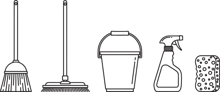 Cleaning equipment set with broom mop bucket spray bottle and sponge
