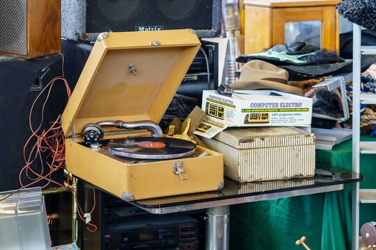 Barcelona, Spain - January 18, 2026: Vintage portable gramophone record player