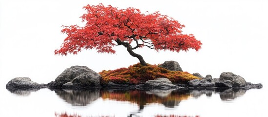 Serene Japanese bonsai tree with vibrant red leaves on rocky island