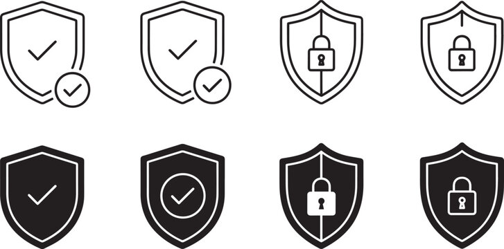 Security shield icon set with lock and checkmark for data protection