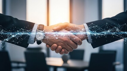 A formal handshake between two suited individuals, connected by a digital network effect