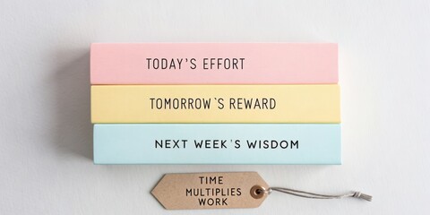 Inspirational Motivational Quotes on Colorful Books with Tag Reflecting Time Management and Personal Growth