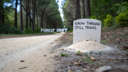 Inspiring message on a sign in a serene forest path, encouraging growth and exploration through nature's beauty