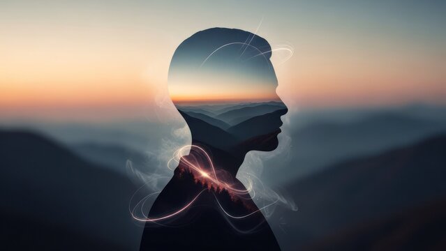 A person's silhouette with mountains and swirling lights inside, at sunset