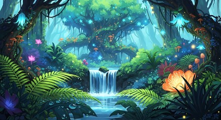 Lush, illuminated enchanted forest scene features a flowing stream and vibrant flora