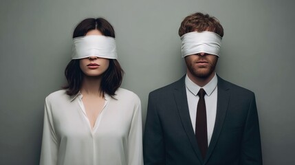 Blindfolded Individuals in Formal Attire Facing Forward Against Neutral Background