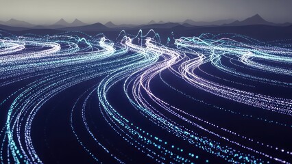 Abstract digital representation of data streams flowing over a mountainous landscape