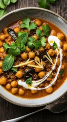 Savory stew of cooked legumes served in a rustic bowl with fresh herb garnishes
