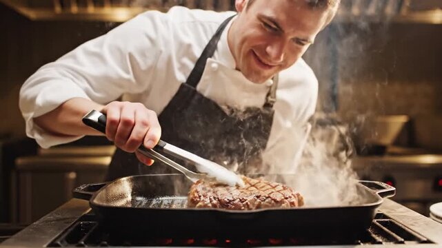 Smiling chef sears meat on a sizzling skillet, steam rises in a bustling kitchen, energized. lively