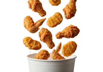 ultra-crispy golden fried chicken pieces falling dynamically into a stark white takeaway bucket on an absolute white background, commercial studio close-up view capturing intricate texture detail,