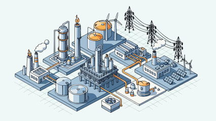 Industrial energy production complex with wind turbines and solar panels. © Kang