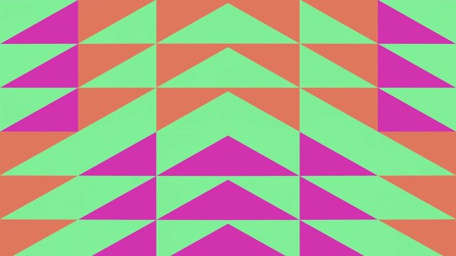 Vibrant Geometric Pattern with Interlocking Triangles in Bright Green, Vivid Orange, and Bold Magenta, Creating an Energetic Abstract Background Design
