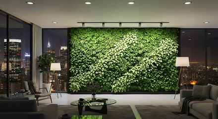 Contemporary penthouse living space features an illuminated vertical garden against a backdrop of nighttime city lights