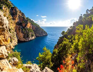 Naklejka premium A serene landscape of a secluded cove surrounded by lush greenery and rugged cliffs