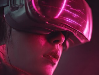 Woman wearing futuristic VR headset with pink neon lights