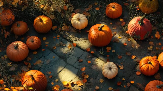 Colorful pumpkins scattered across a vibrant autumn landscape with fallen leaves and soft sunlight