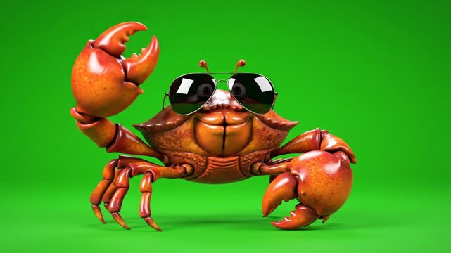 Cheerful cartoon crab wearing sunglasses poses proudly on a vivid lime-green background. Sunny vibe