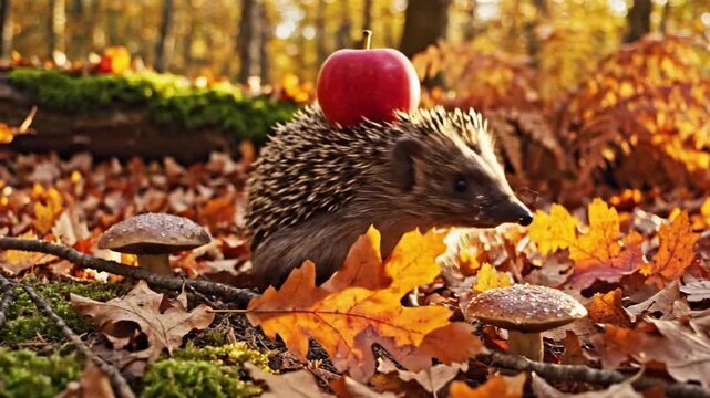 Autumn hedgehog on sunlit forest floor, apple balanced on head amid orange leaves, cozy daylight. sun