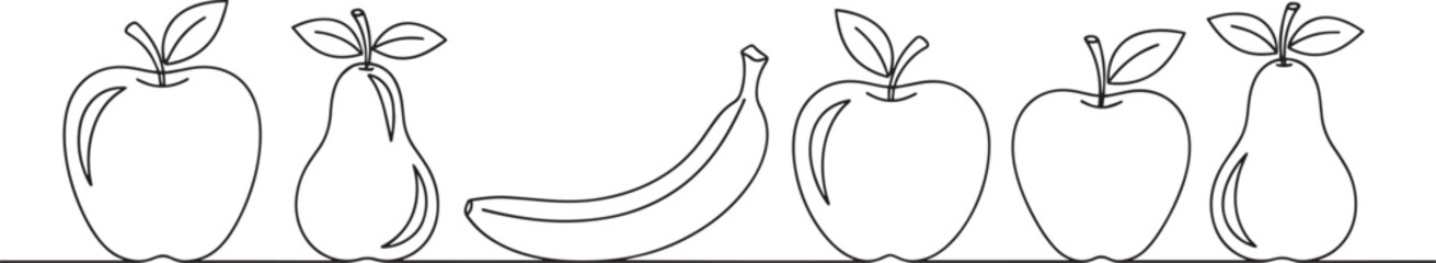 Line art illustration of fruits apples pears banana healthy food drawing graphic element.