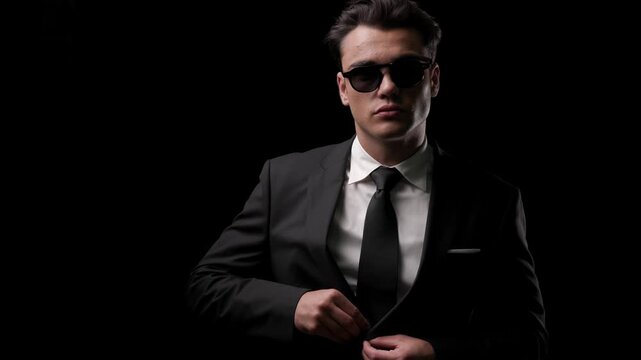 Elegant man in sunglasses adjusting suit jacket and tie, standing confidently and touching neck on dark studio background.