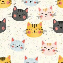 Cute Cartoon Cat Pattern: A delightful repeating pattern of smiling cartoon cats in various colors, radiating charm and cheerfulness, perfect for textiles or children's design.