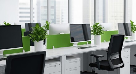 Obraz premium Modern Workspace: A contemporary office space, showcasing neat desks, ergonomic chairs, and modern computer displays alongside potted plants.