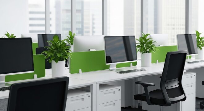 Modern Workspace: A contemporary office space, showcasing neat desks, ergonomic chairs, and modern computer displays alongside potted plants.