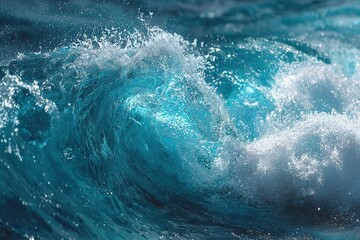 Turquoise ocean wave crashing with white foam and bubbles, capturing the dynamic movement and texture of water in a vibrant coastal scene