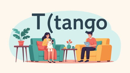 Naklejka na ściany i meble Cozy scene of people relaxing with pets and devices in a home setting