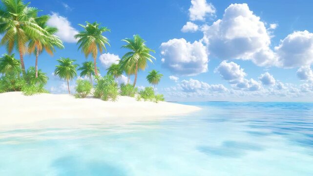 Tropical Paradise: A sun-kissed beach scene where a stretch of pristine white sand meets the gentle, turquoise waters of the ocean.