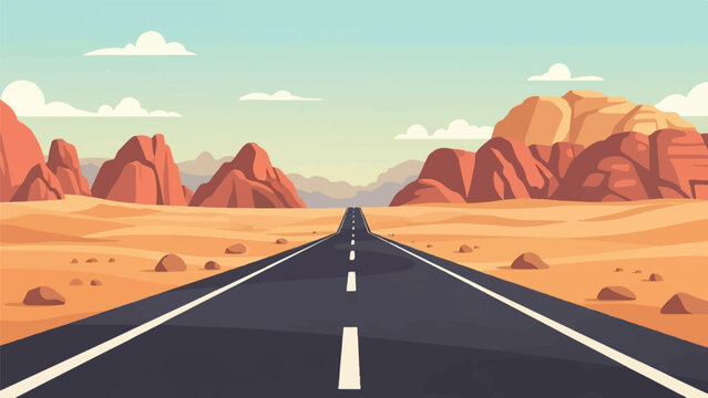 Endless desert road leads to rugged sandstone mountains under a cloudy sky