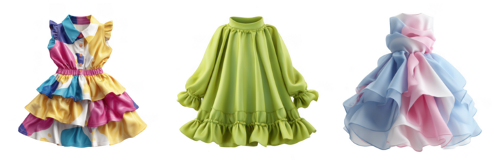 Three fashionable colorful dresses with clothing and style and apparel Isolated on a transparent background