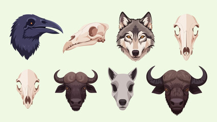 Fototapeta premium Diverse animal heads and skulls rendered in pixel art style against a light background