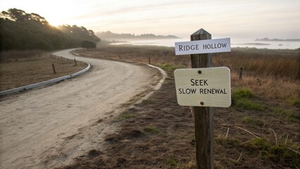 Peaceful Nature Path with Inspirational Signage along a Scenic Roadway in a Serene Landscape at Dawn