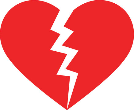 A broken red heart with a jagged white crack symbolizing love breakup or heartbreak