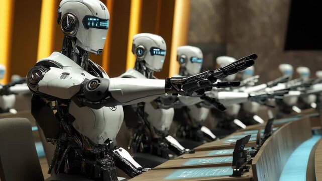 Futuristic conference with humanoid robots engaged in discussions and decision-making