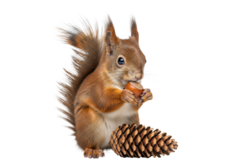 Reddish-brown eurasian squirrel with bushy tail, sitting upright and nibbling a hazelnut, posed next to a textured pine cone against a transparent studio background, isolated wildlife study atmosphere
