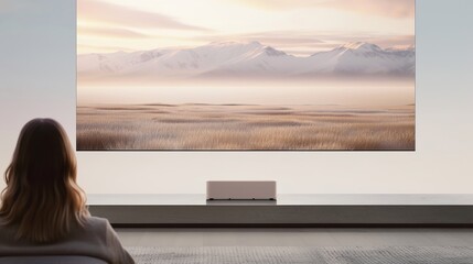A projector shows a mountain landscape on a wall while a person sits in front of it in a modern room designed for relaxation