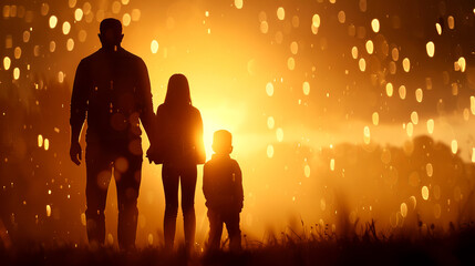 A family holds hands and stands together in a bright area while enjoying the moment as the sun sets in the background